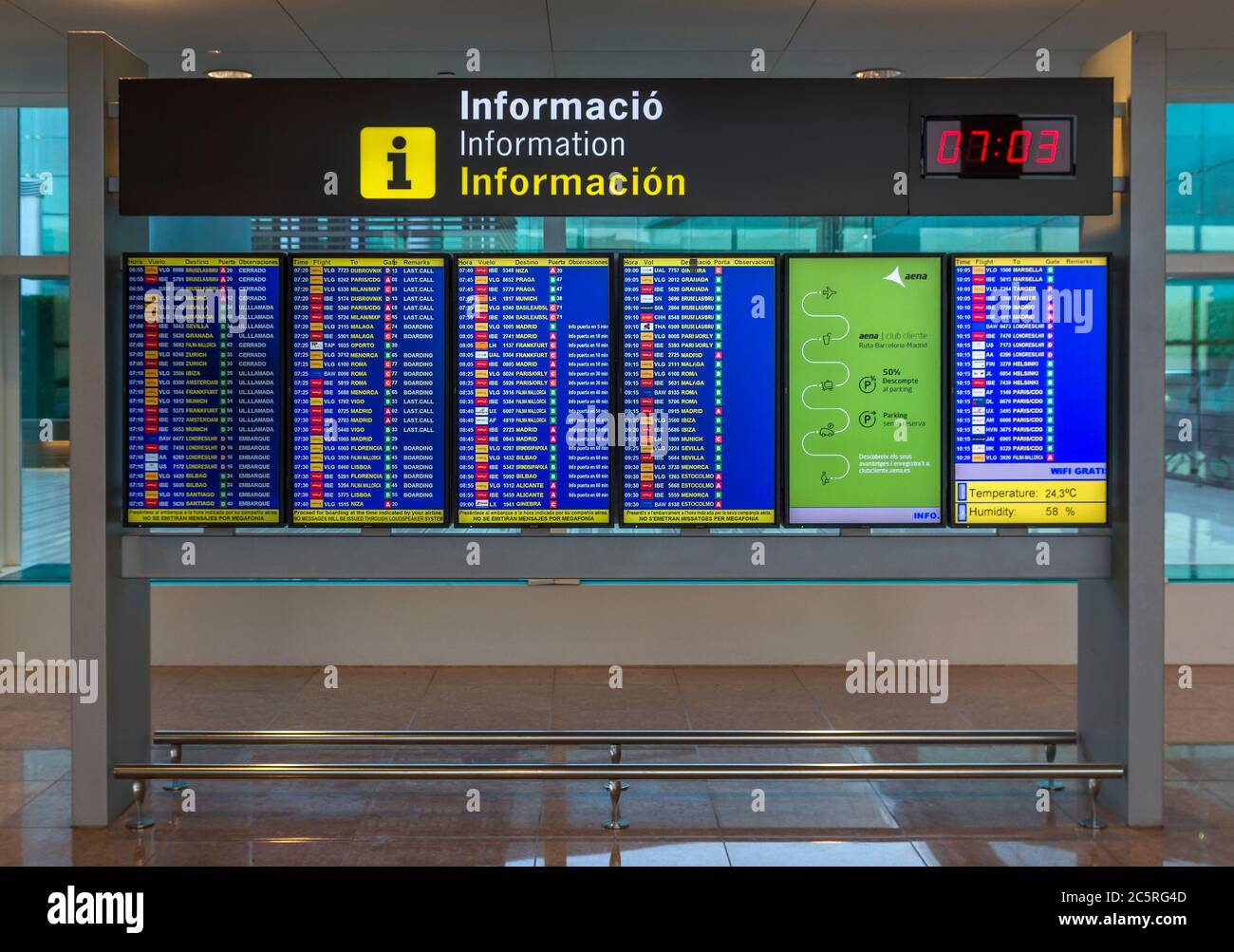 BARCELONA, SPAIN - JULY 16, 2015: Departures board in El Prat-Barcelona airport. This airport was inaugurated in 1963. Airport is one of the biggest i Stock Photo