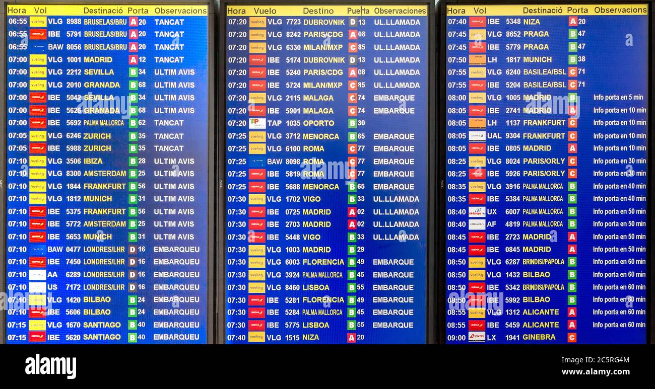 BARCELONA, SPAIN - JULY 16, 2015: Departures board in El Prat-Barcelona airport. This airport was inaugurated in 1963. Airport is one of the biggest i Stock Photo