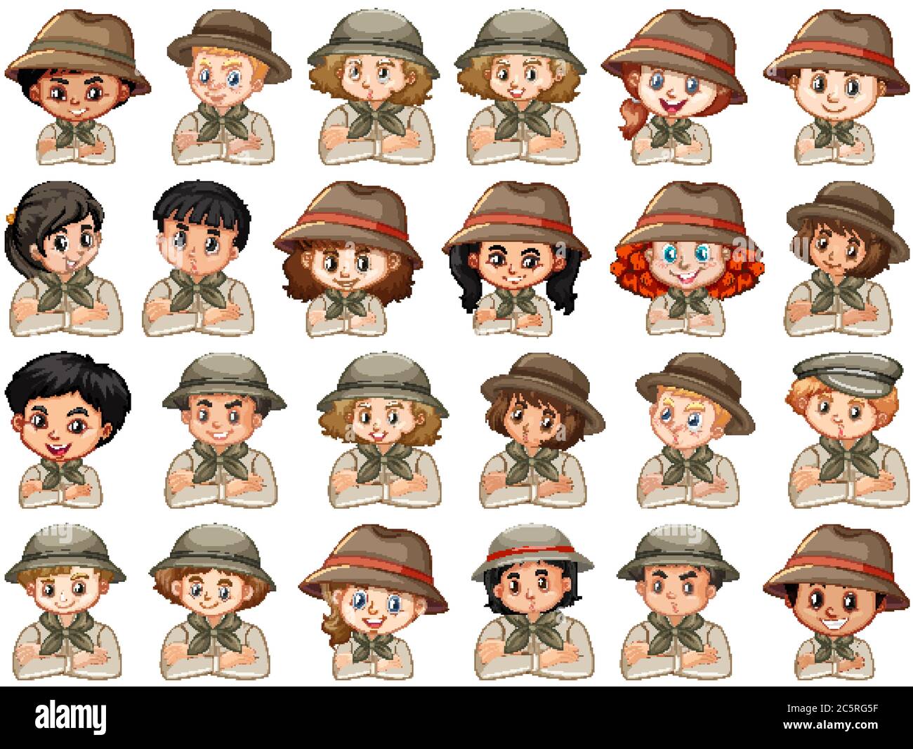 Set of different characters of boys and girls scout costume on a white ...