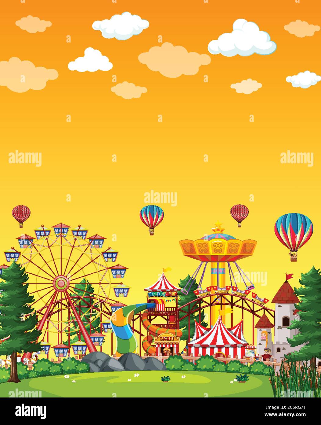 Amusement park scene at daytime with blank yellow sky illustration ...
