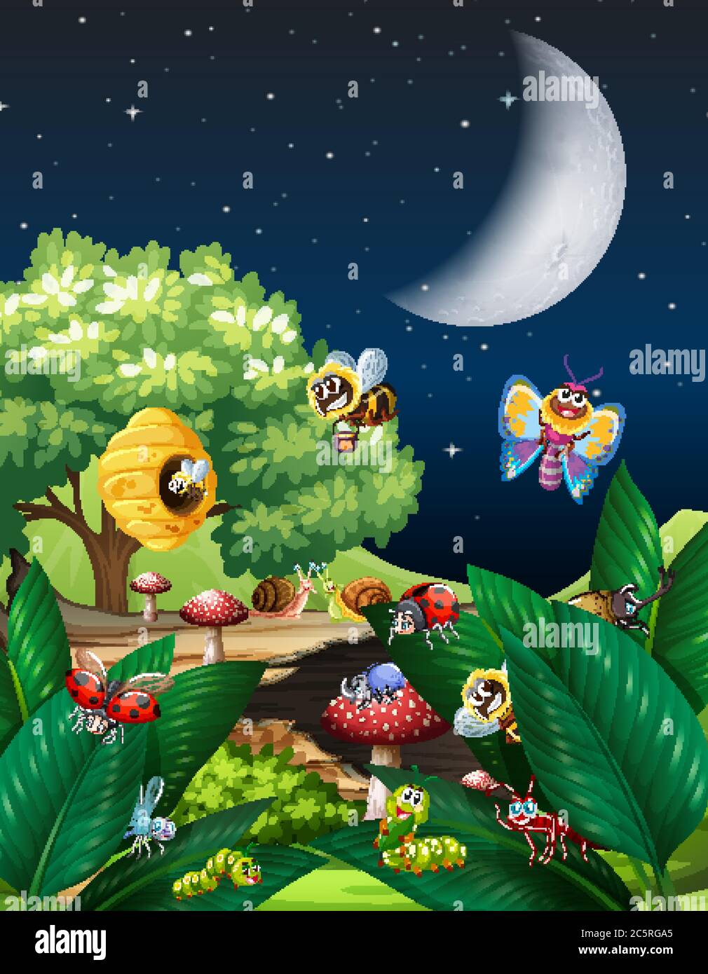 Different insects living in the garden scene at night illustration ...