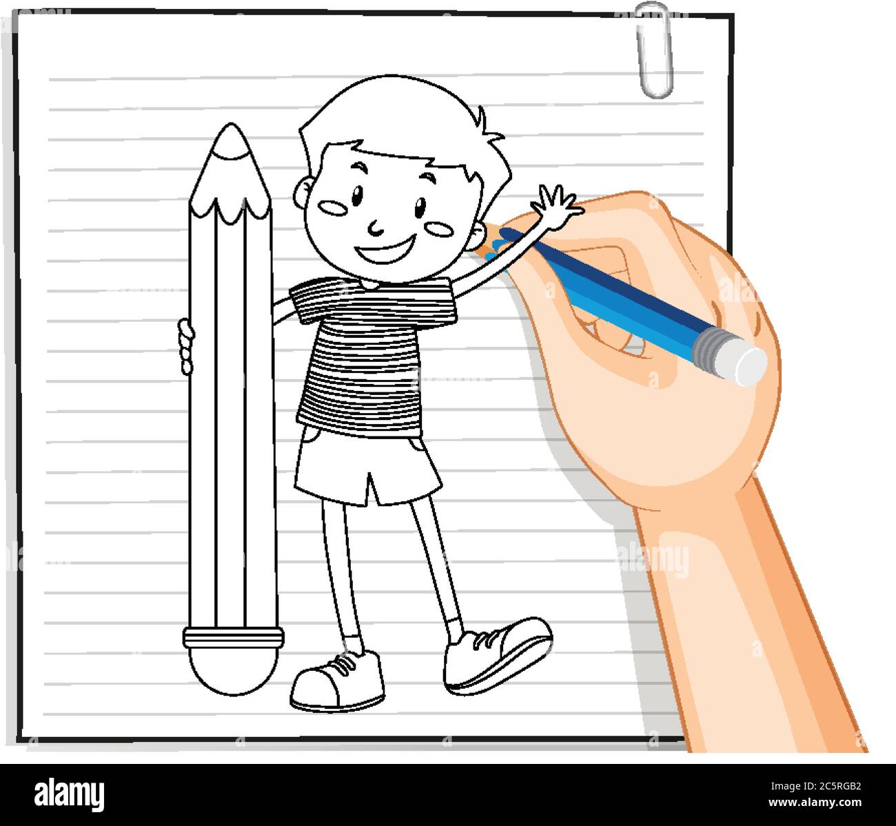 Hand writing of boy holding pencil outline illustration Stock Vector
