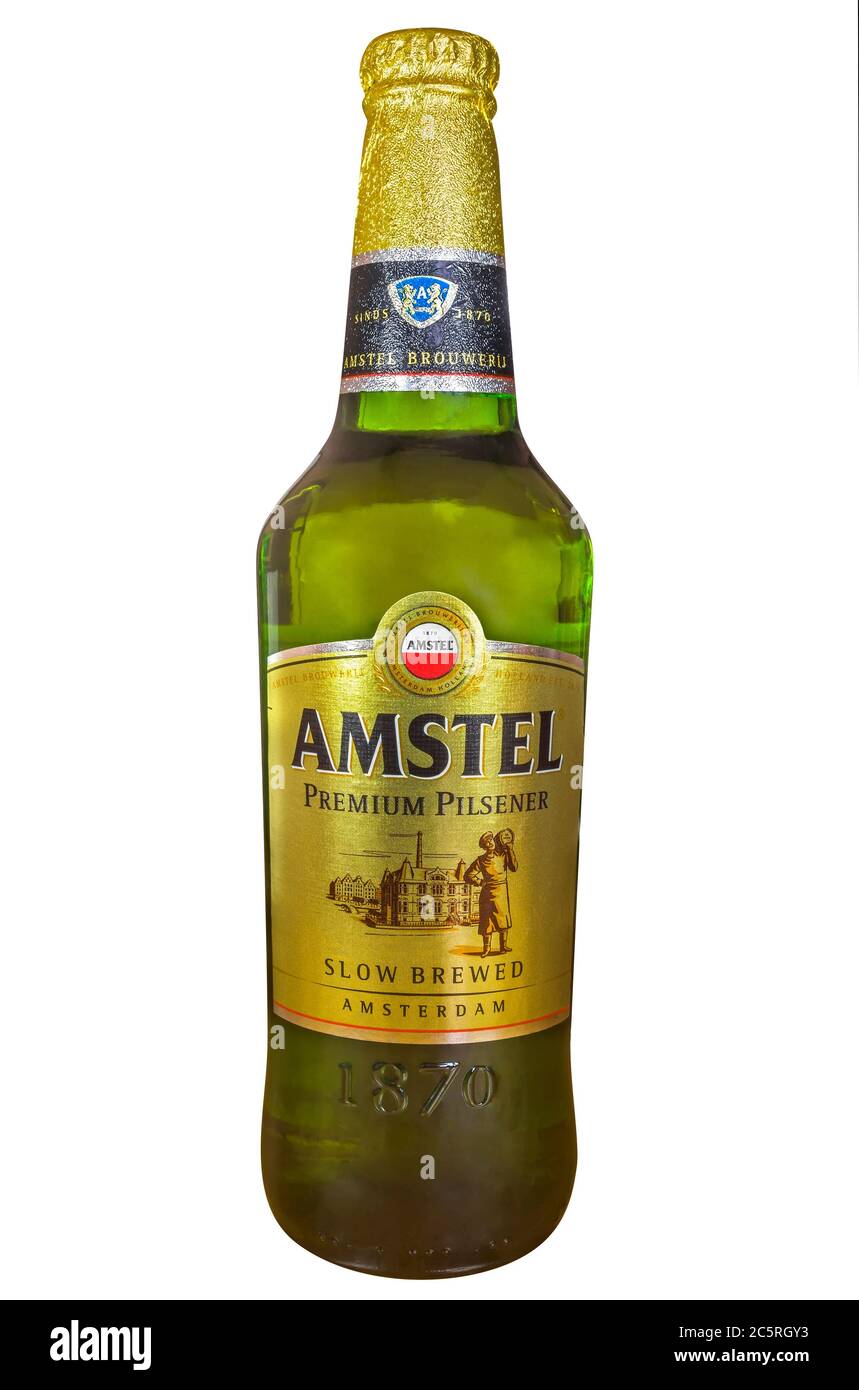 ALMATY, KAZAKHSTAN - JULY 20, 2015: Bottle of Amstel Premium Pilsener isolated on white. Amstel Premium Pilsener is an internationally known brand of Stock Photo