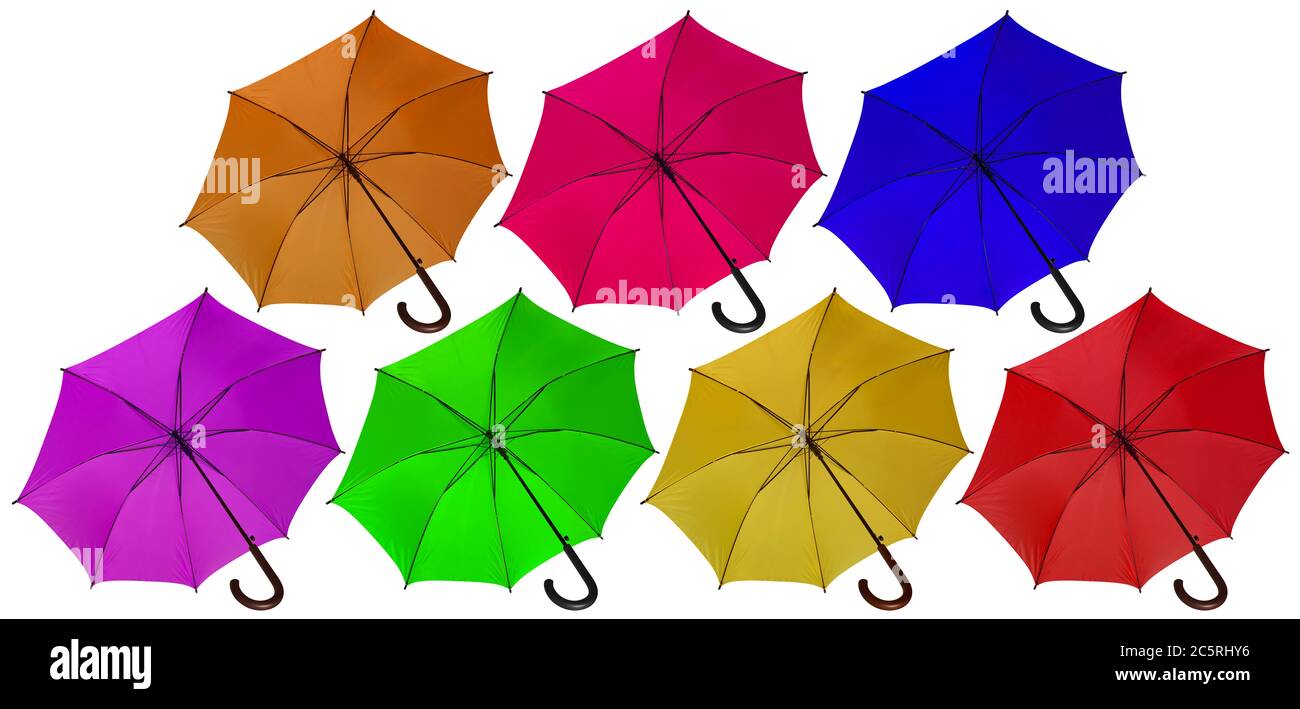 Open colorful umbrellas isolated on white background Stock Photo - Alamy