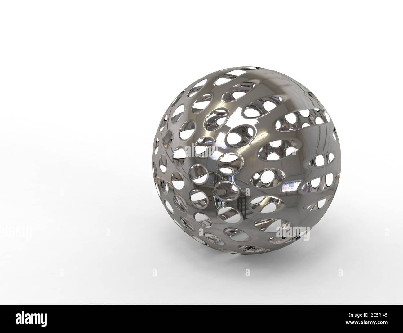 3D digital render of metallic chrome sphere with perforation isolated