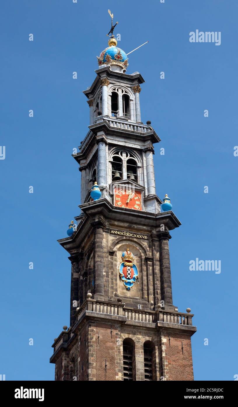 Bell tower of the Westerkerk in Amsterdam, the most important protestant church in the city of Amsterdam, Netherlands. Built in 1637 and designed by t Stock Photo