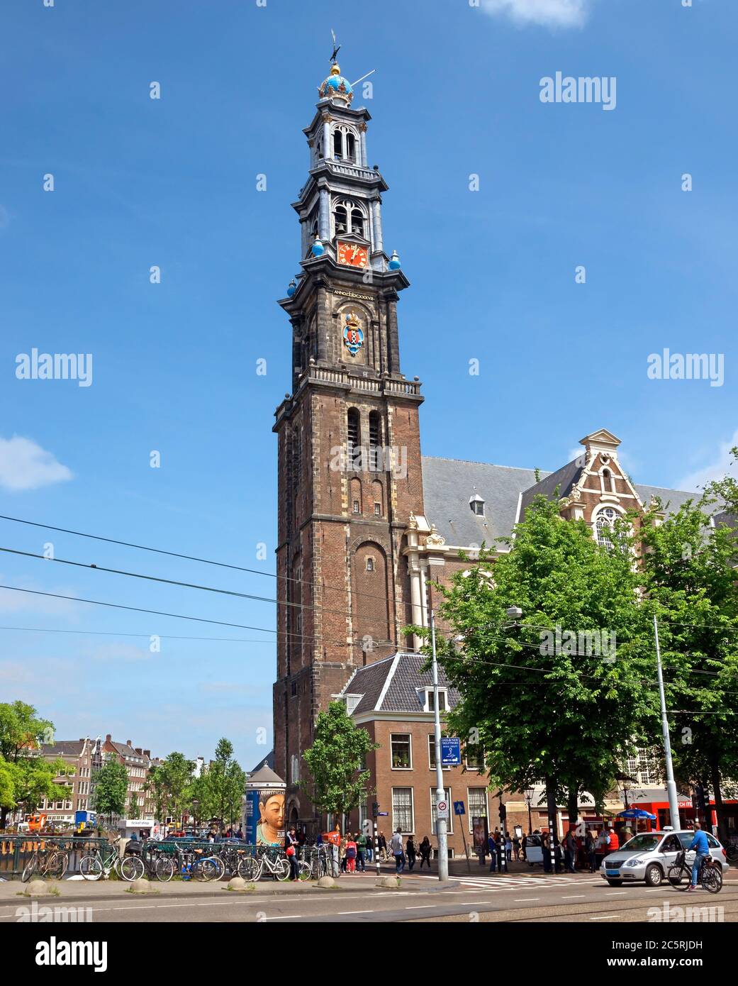 AMSTERDAM, NETHERLANDS - MAY 30: Bell tower of the Westerkerk on May 30, 2014 in Amsterdam, Netherlands. Built in 1637 and designed by the famous Dutc Stock Photo