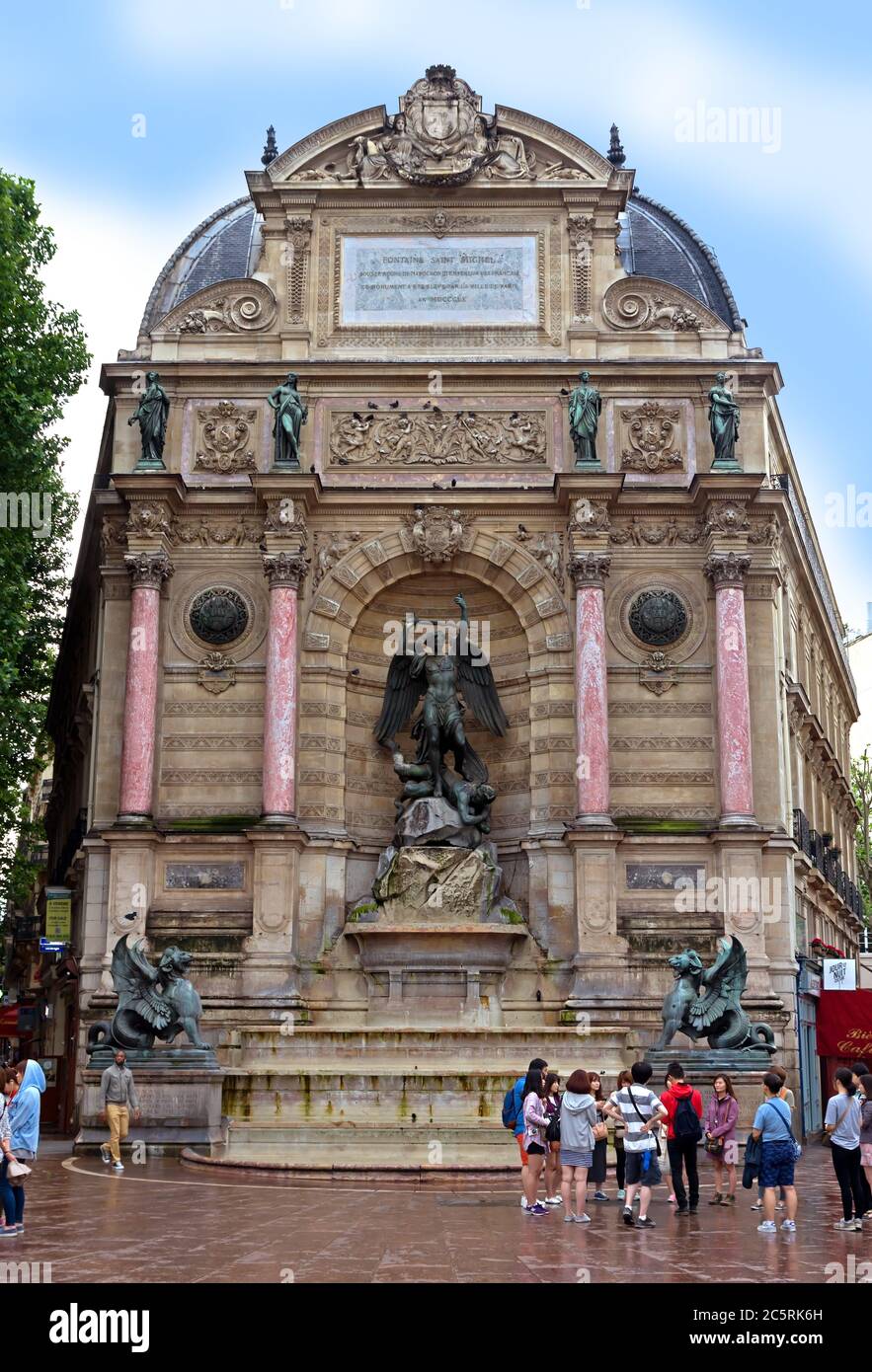 PARIS, FRANCE - JUNE 9: Fountain Saint-Michel at Place Saint-Michel on June 9, 2014 in Paris, France. It was constructed in 1858-1860 during French Se Stock Photo