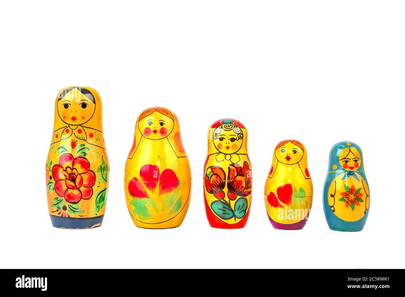Five Russian nesting doll ranked from highest to lowest on a white background Stock Photo