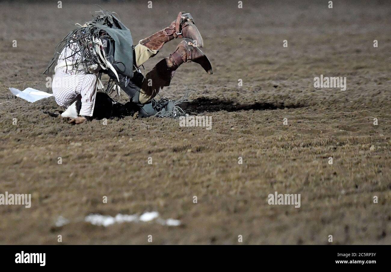 Prescott, AZ, USA. 3rd July, 2020. Evan Betony, from Tonalea, Arizona, goes head first into the dirt in the Bareback Riding event during the 133rd Prescott Frontier Days Rodeo in Prescott, Arizona Friday July 3, 2020. The rodeo, the longest running in the world, continued on despite the coronavirus pandemic with fan capacity limited to 25 percent at the venue. Credit: Will Lester/ZUMA Wire/Alamy Live News Stock Photo