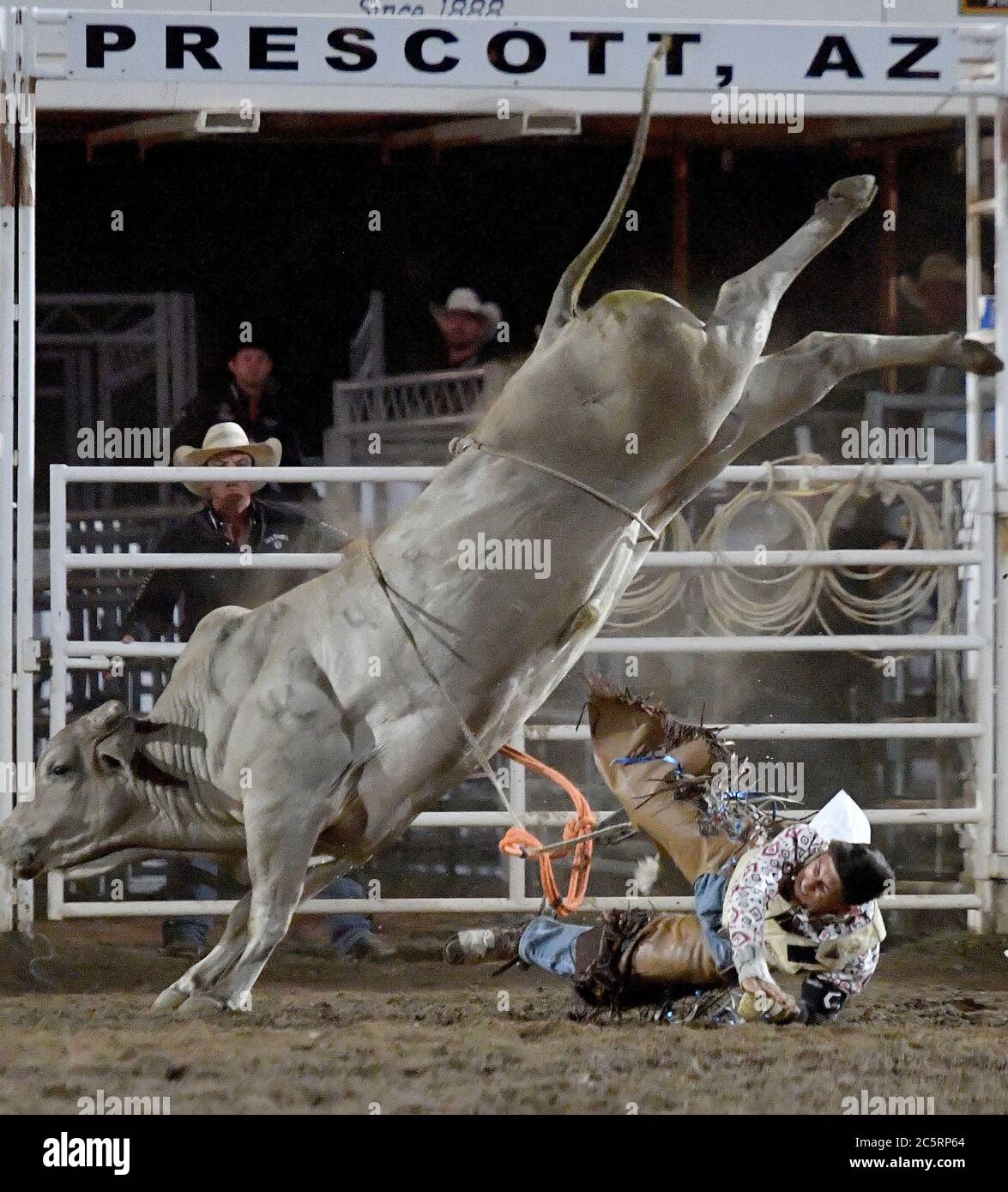 Prescott, AZ, USA. 3rd July, 2020. Jesse Flores, from Valinda, California, is thrown to the ground as he competes in the Bull Riding event during the 133rd Prescott Frontier Days Rodeo in Prescott, Arizona Friday July 3, 2020. The rodeo, the longest running in the world, continued on despite the coronavirus pandemic with fan capacity limited to 25 percent at the venue. Credit: Will Lester/ZUMA Wire/Alamy Live News Stock Photo