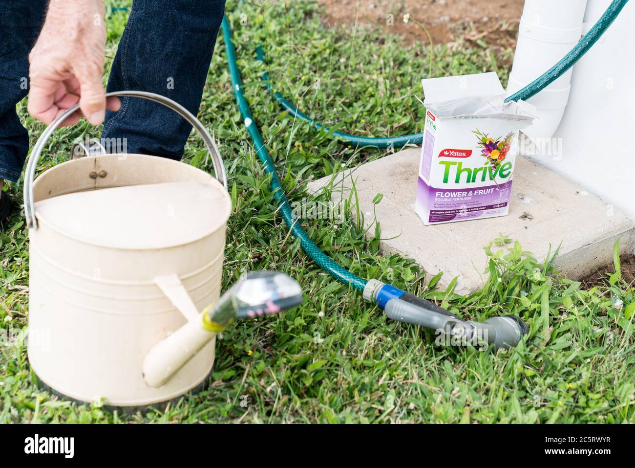 Home gardener ready to water vegetables and flowers with Yates Thrive liquid fertiliser / fertilizer Stock Photo