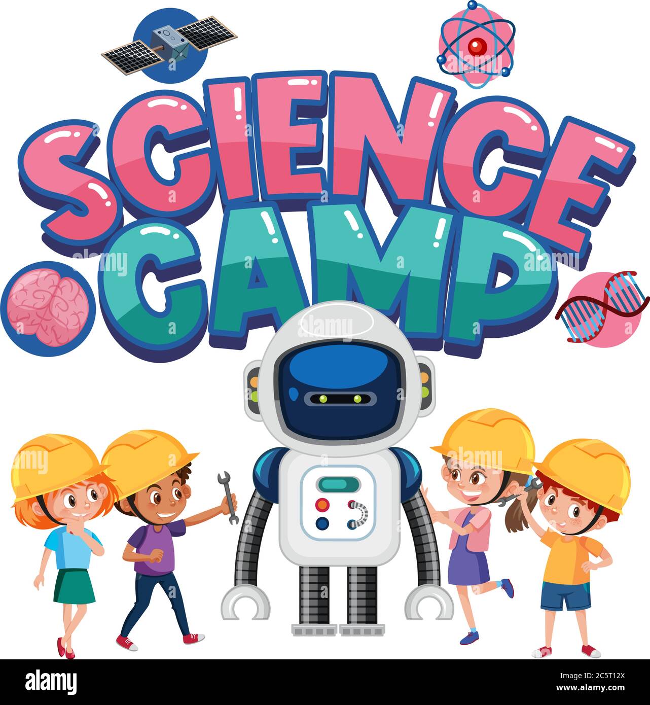 Science camp logo with children wearing engineer costume isolated