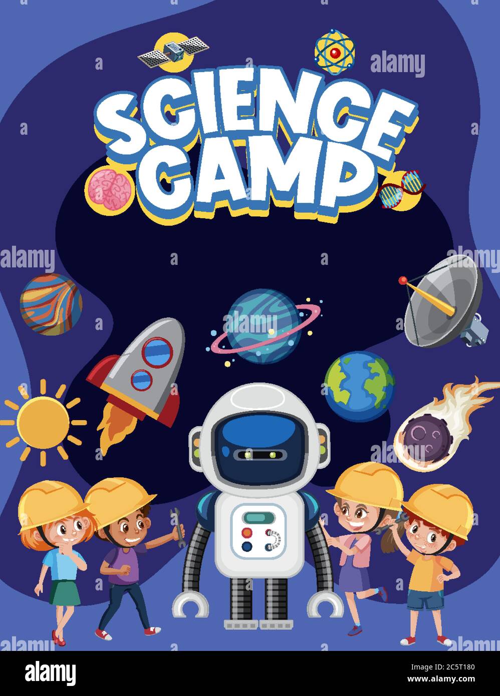 Science Camp Logo With Kids Wearing Engineer Costume With Space Objects Illustration Stock Vector Image Art Alamy