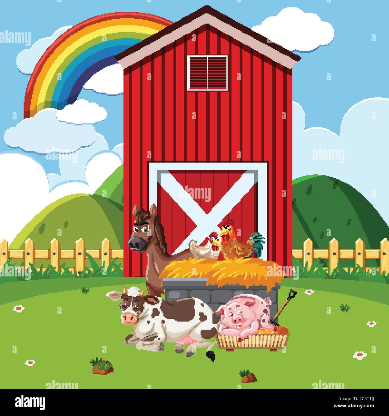Farm scene with many animals on the farm illustration Stock Vector ...