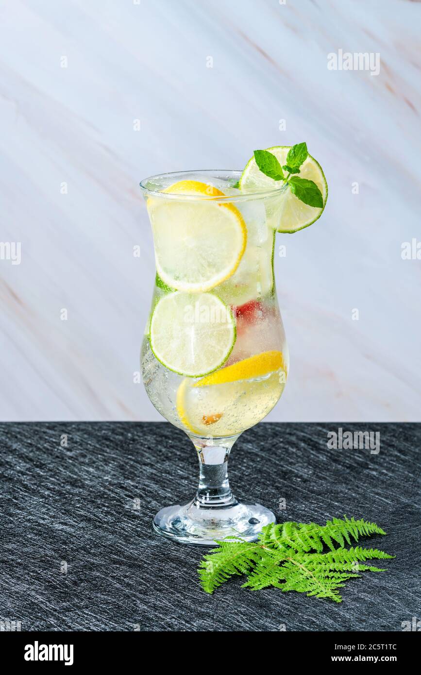 Lemonade with fruity ice cubes and mint - refreshing non alcoholic summer drink Stock Photo