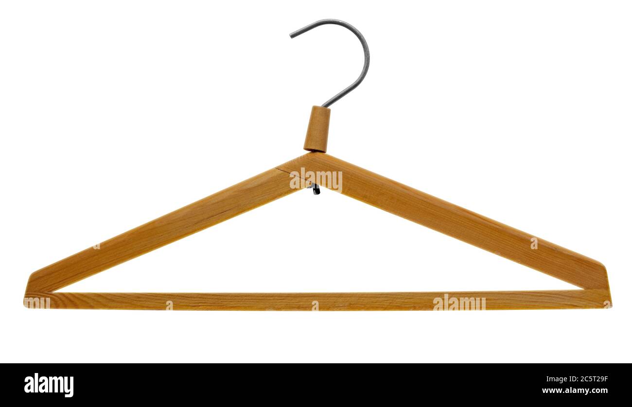Old wooden clothes hanger isolated on a white background.  Clipping path included. Stock Photo