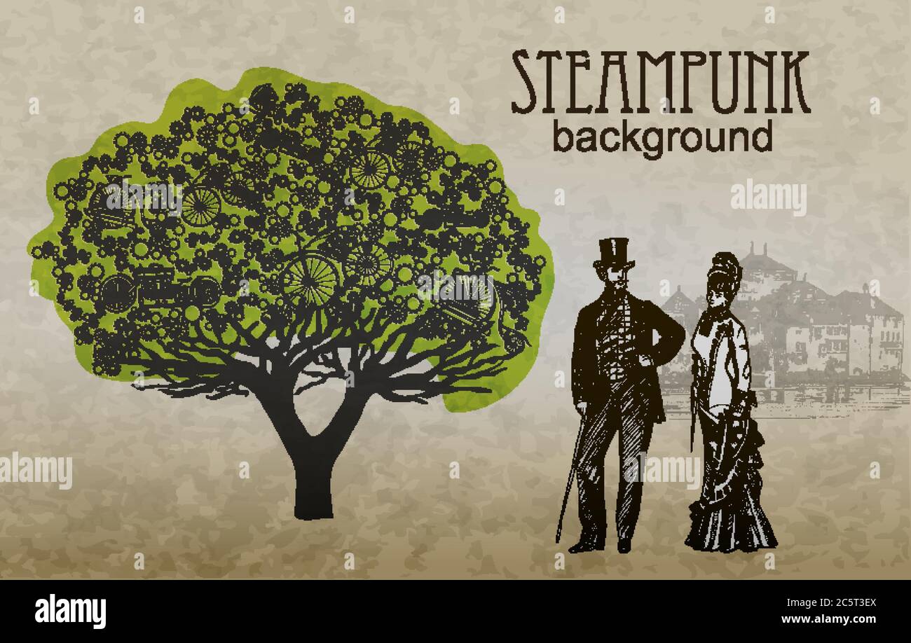 Template steampunk design for card. Frame steampunk background. The stylized tree. Man and woman in historical costumes. Steampunk style. Vector illustration Stock Vector
