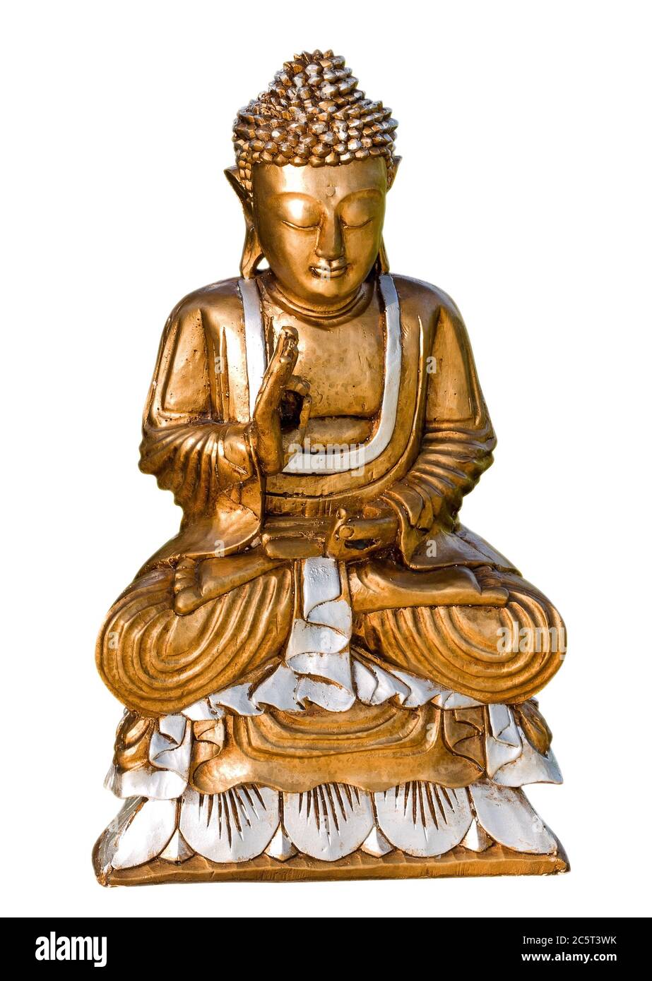 Golden Buddha statue isolated on white background. Clipping path. Stock Photo