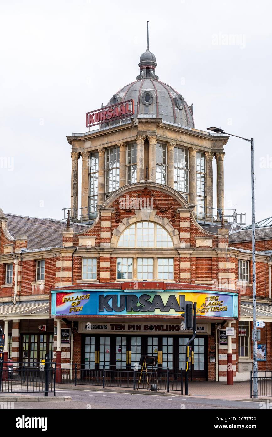 Kursaal event venue in Southend on Sea, Essex, UK. Closed and decaying. Decaying multi coloured sign over entrance. In need of repair Stock Photo