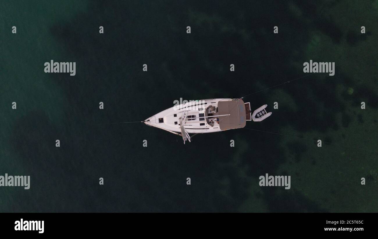 aerial photo of luxury yacht in the sea of parga town tourist destination near preveza epirus greece Stock Photo