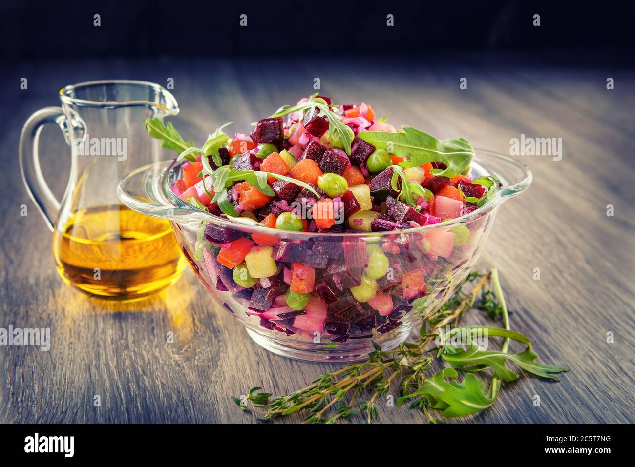 Traditional vegetarian Russian salad snack vinaigrette in a rustic recipe- Beet Salad.Dietary menu. Stock Photo