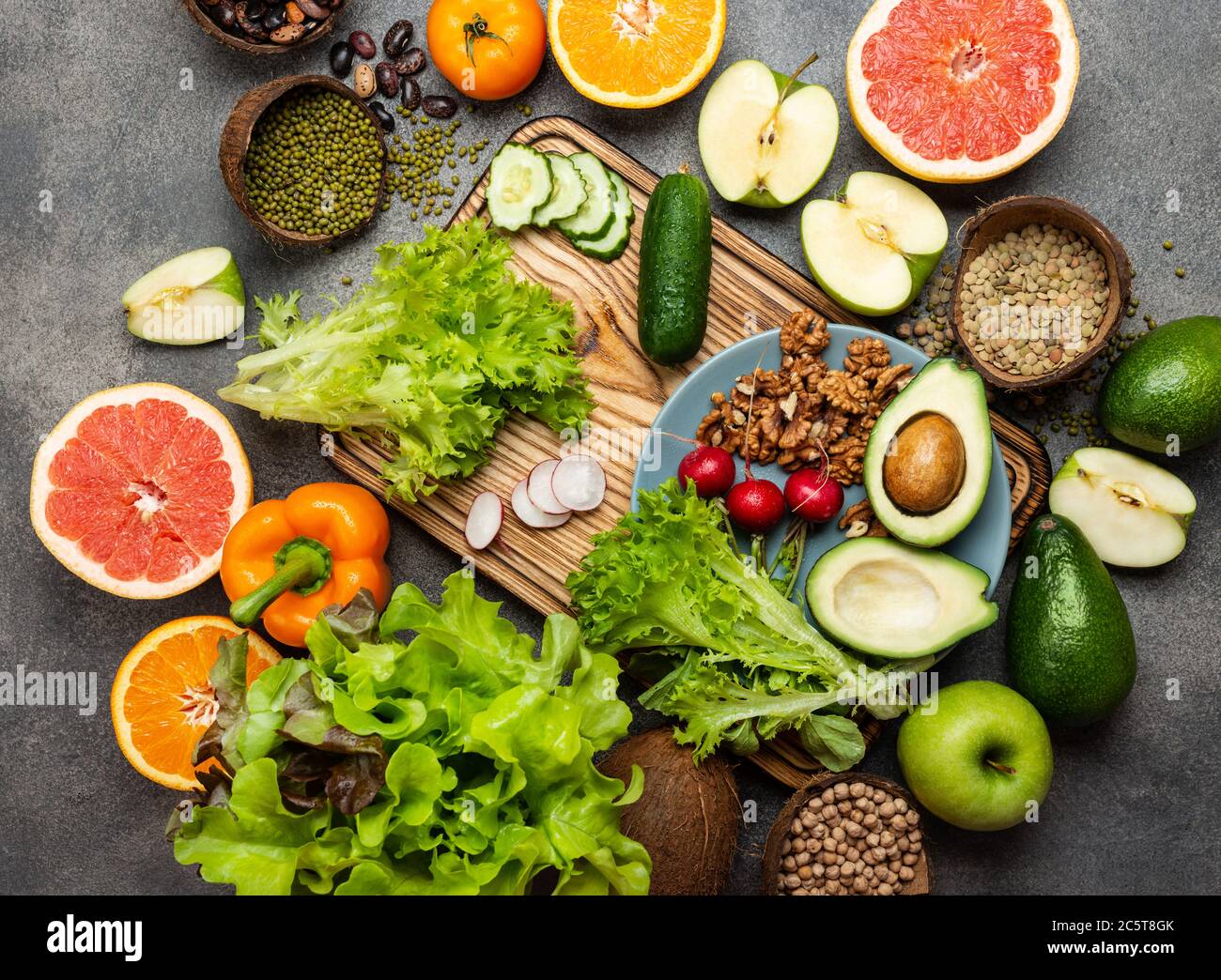 Healthy vegan diet food concept vegetables greens nuts. Top view Stock ...