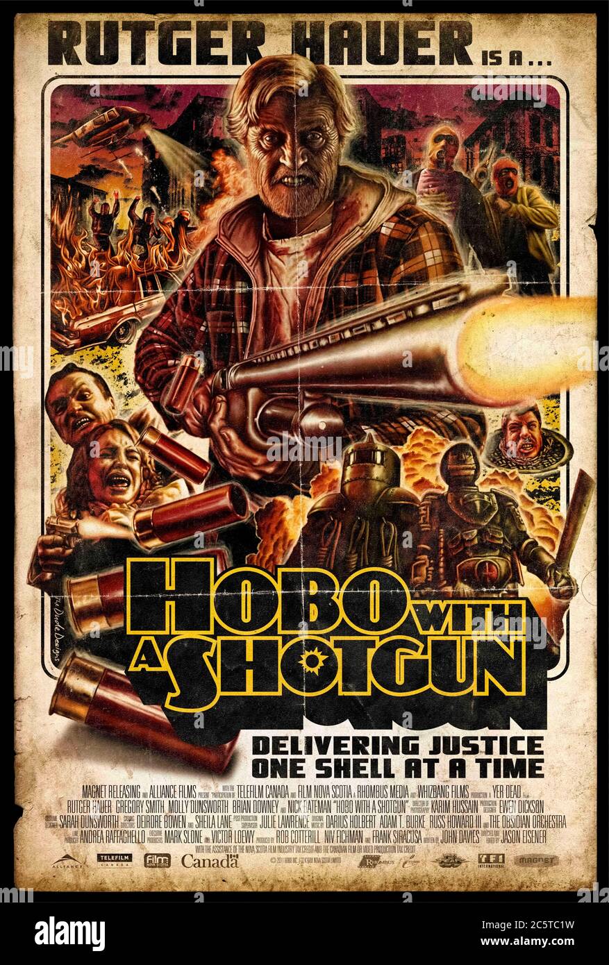 Hobo with a Shotgun (2011) directed by Jason Eisener and starring Rutger Hauer, Pasha Ebrahimi, Robb Wells and Nick Bateman. Based on a fake trailer made for the film Grindhouse (2007), a homeless vigilante delivers justice with his 20-gauge pump action shotgun. Stock Photo