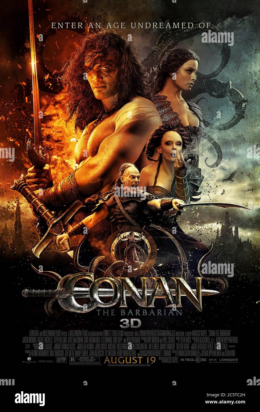Conan the Barbarian (2011) directed by Marcus Nispel and starring Jason Momoa, Ron Perlman, Rose McGowan, Stephen Lang and Rachel Nichols. A return to the big screen for the pulp fiction fantasy hero who seeks revenge against the evil warlord that killed his father. Stock Photo