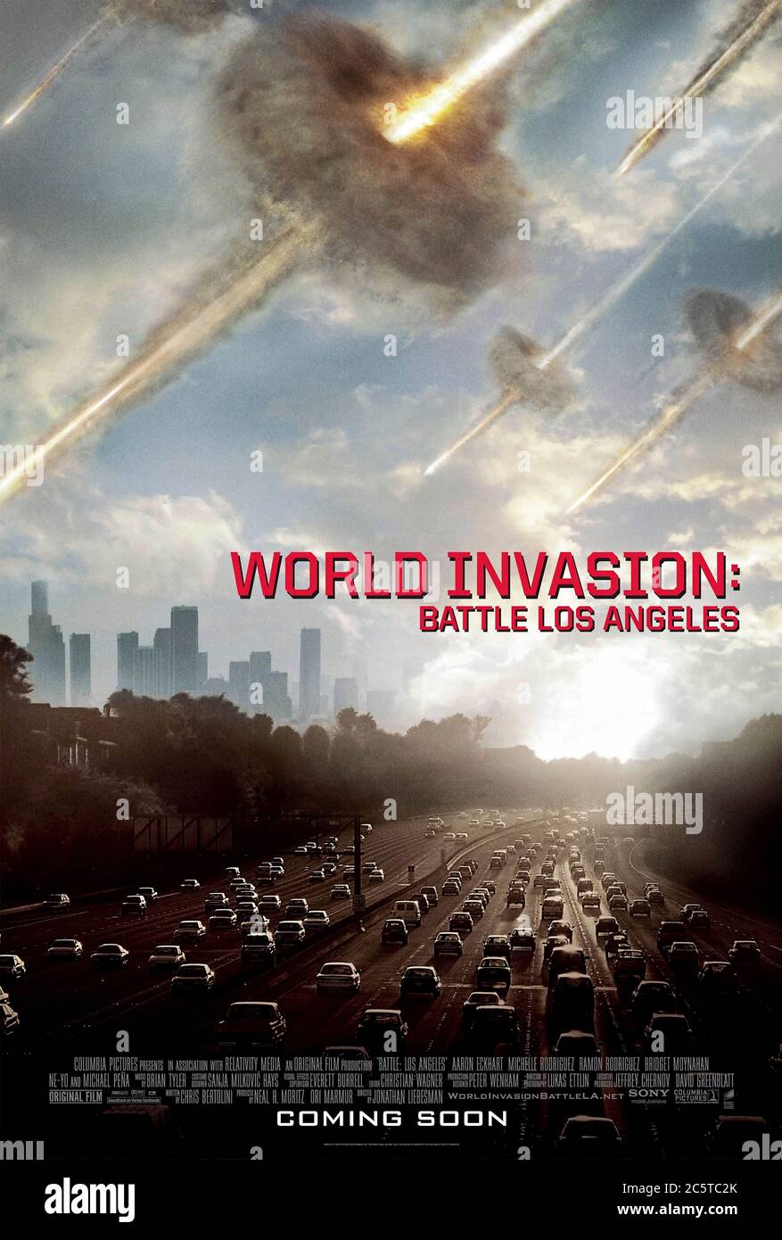 Battle Los Angeles (2011) directed by Jonathan Liebesman and starring Aaron Eckhart, Michelle Rodriguez, Bridget Moynahan and Michael Peña. A squad of US marines tackle an unknown alien invasion force in the suburbs of Los Angeles. Stock Photo