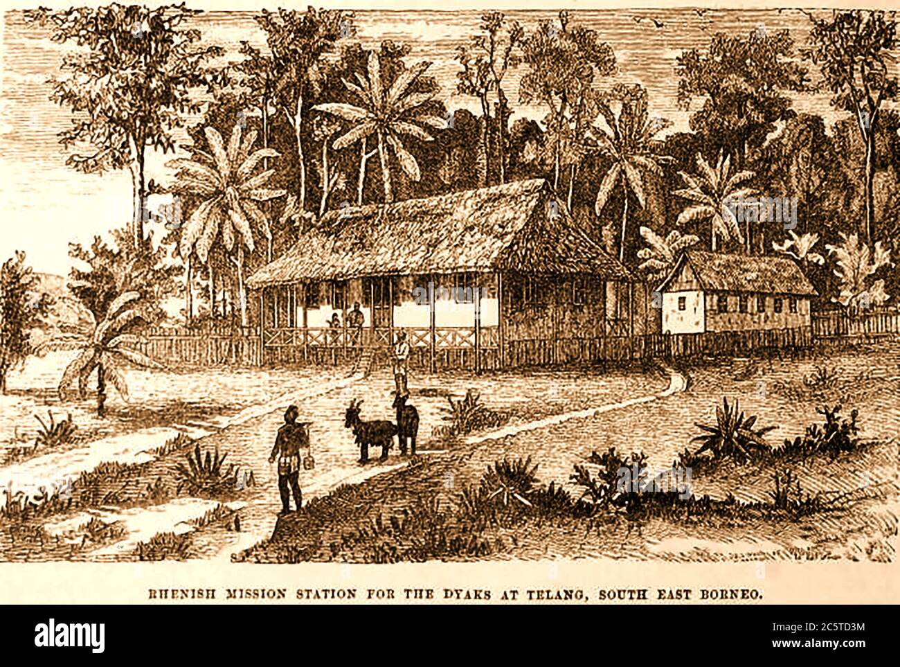 An 1880 illustration from the 'Illustrated Missionary News'. The magazine was formerly published under the title  The Pictorial missionary news edited by Henry Grattan Guinness (1835  - 1910) who was an Irish Protestant Christian preacher, evangelist and author (and others). This picture shows  the Rhenish Mission Station for the Dyaks at Telang (Bone, Sulawesi  / Celebes , Selatan, Indonesia).  Dayaks also known as Dyak or Dayuh are one of the native groups of Borneo. Stock Photo