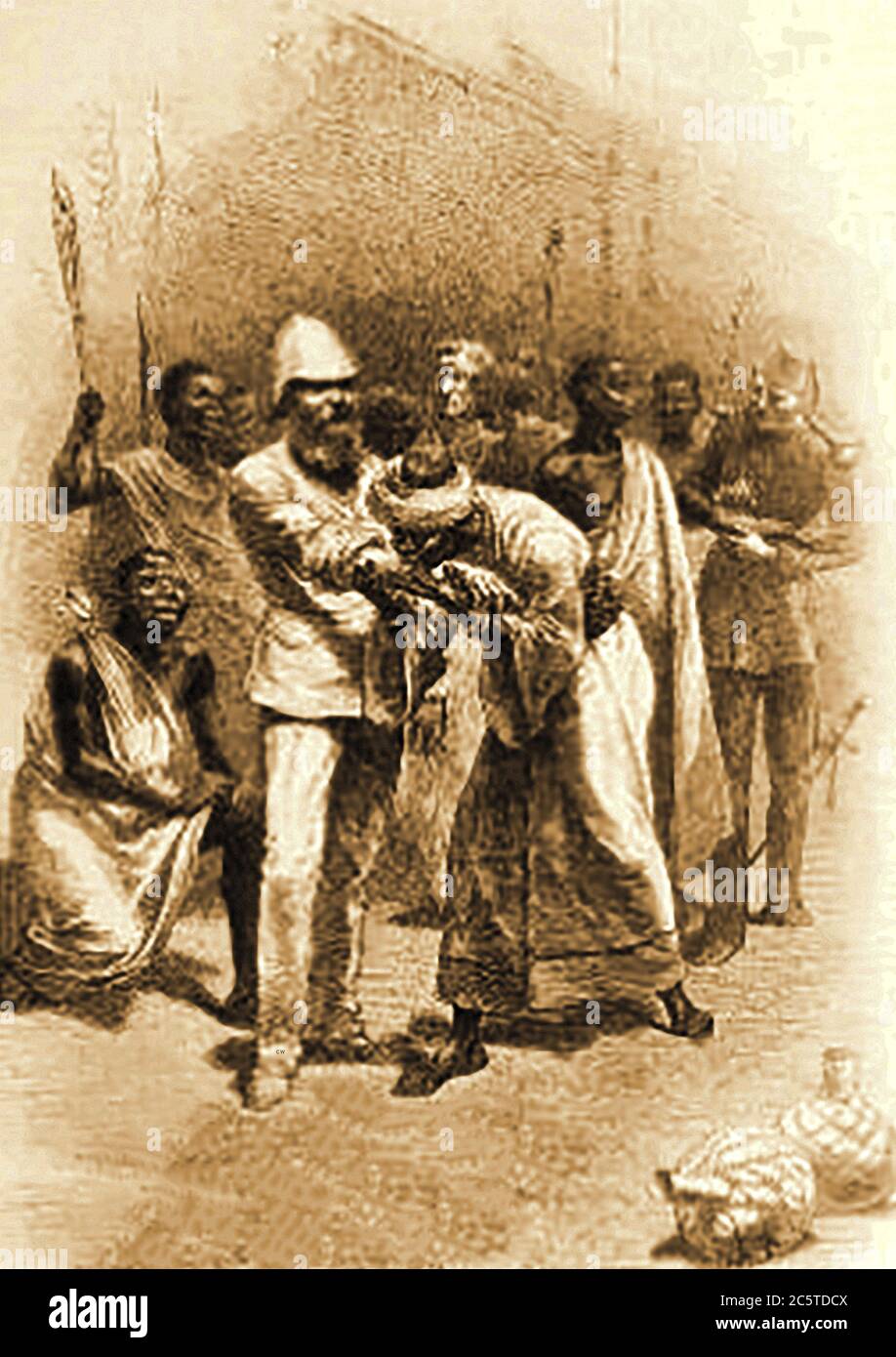 An 1880 illustration from the 'Illustrated Missionary News'. The magazine was formerly published under the title  The Pictorial missionary news edited by Henry Grattan Guinness (1835  - 1910) who was an Irish Protestant Christian preacher, evangelist and author (and others). This picture shows  a missionary undergoing a blood brother ceremony in Ethiopia. Stock Photo