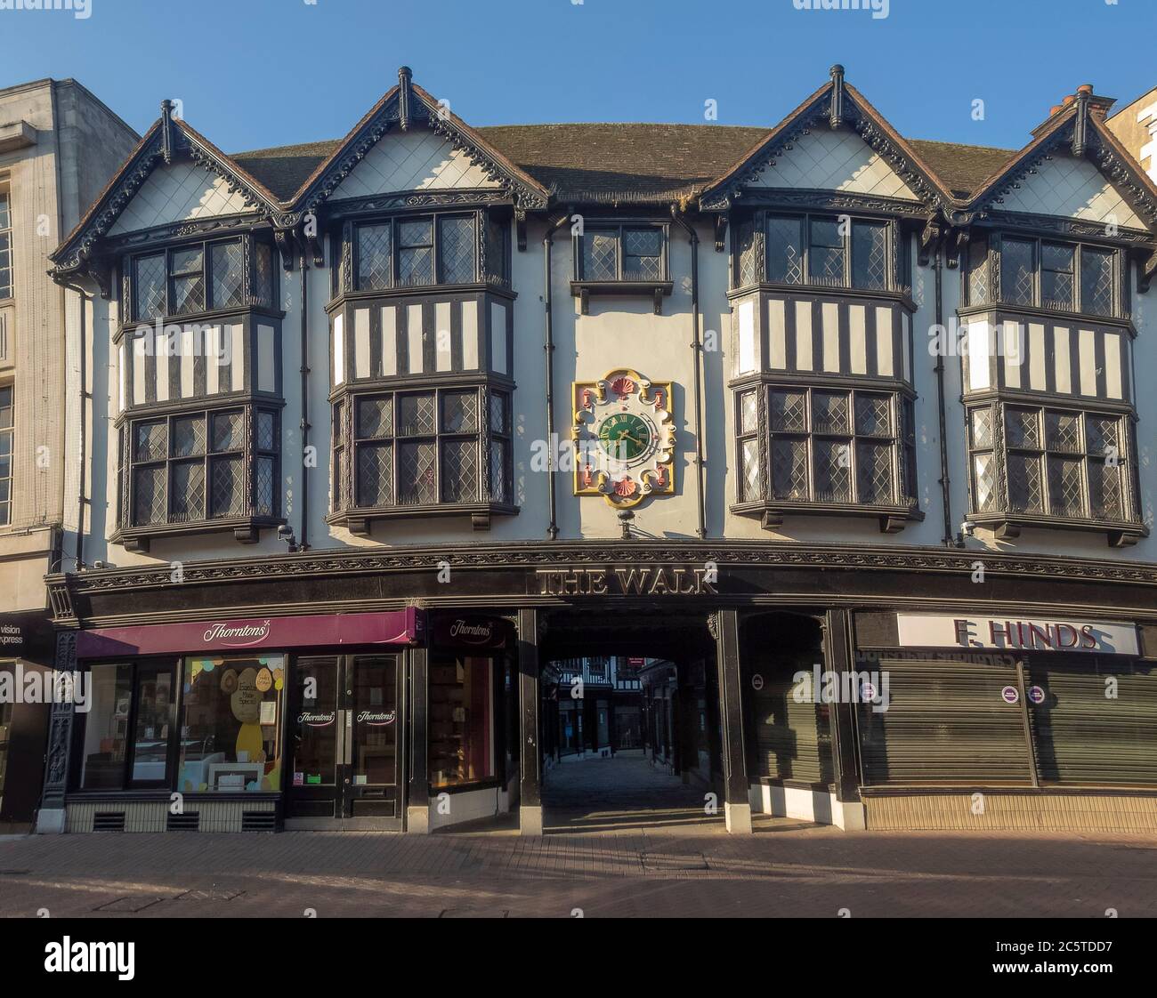 The halftimber facade of the buildings in The Walk in Ipswich, UK