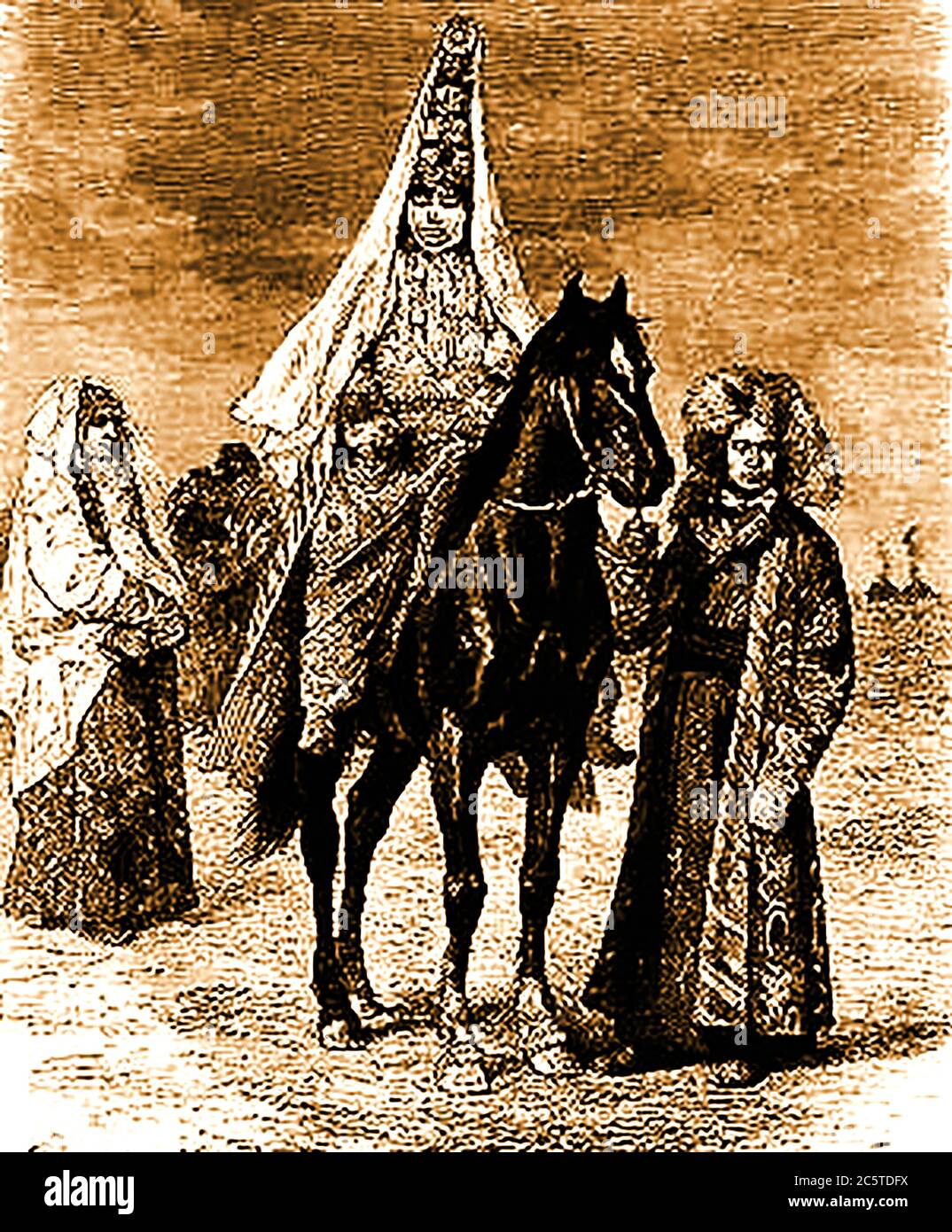 An 1880 illustration from the 'Illustrated Missionary News'. The magazine was formerly published under the title  The Pictorial missionary news edited by Henry Grattan Guinness (1835  - 1910) who was an Irish Protestant Christian preacher, evangelist and author (and others). This picture shows a Russian Tartary (Siberian) Bride riding to her wedding. Stock Photo