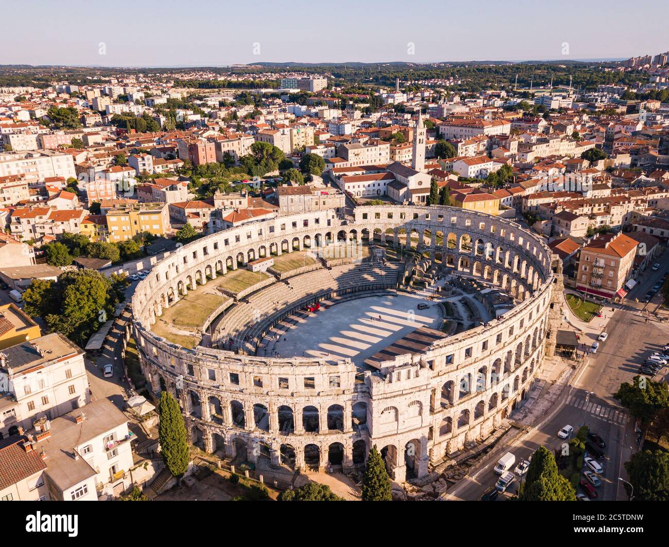 Aerial view of Pula Arena in the light of sunset Stock Photo