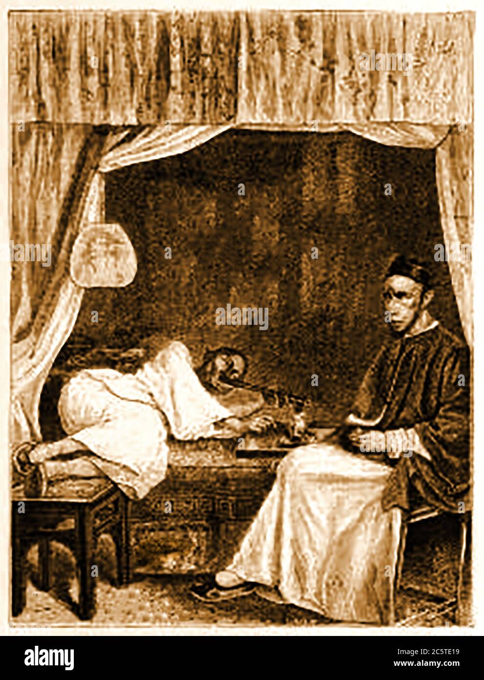 An 1880 illustration from the 'Illustrated Missionary News'. The magazine was formerly published under the title  The Pictorial missionary news edited by Henry Grattan Guinness (1835  - 1910) who was an Irish Protestant Christian preacher, evangelist and author (and others). This picture shows Chinese smoking opium in an opium den. Stock Photo