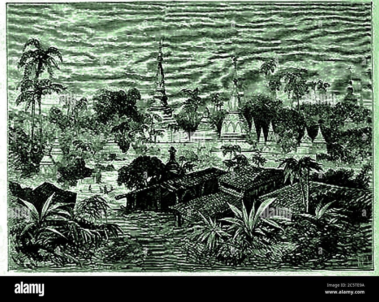 An 1880 illustration from the 'Illustrated Missionary News'. The magazine was formerly published under the title  The Pictorial missionary news edited by Henry Grattan Guinness (1835  - 1910) who was an Irish Protestant Christian preacher, evangelist and author (and others). This picture shows An 1880 view of pagodas in the then Pegu, Burma, (now Bago, Myanmar). Bago's earliest name was  Hanthawaddy. The city is the seaport capital of the Bago Region in Myanmar Stock Photo