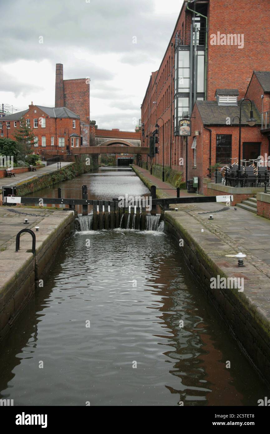 Duke's Lock, Rochdale Canal, Castlefield, Manchester, England, UK, where the Rochdale Canal joins the Bridgewater Canal Stock Photo