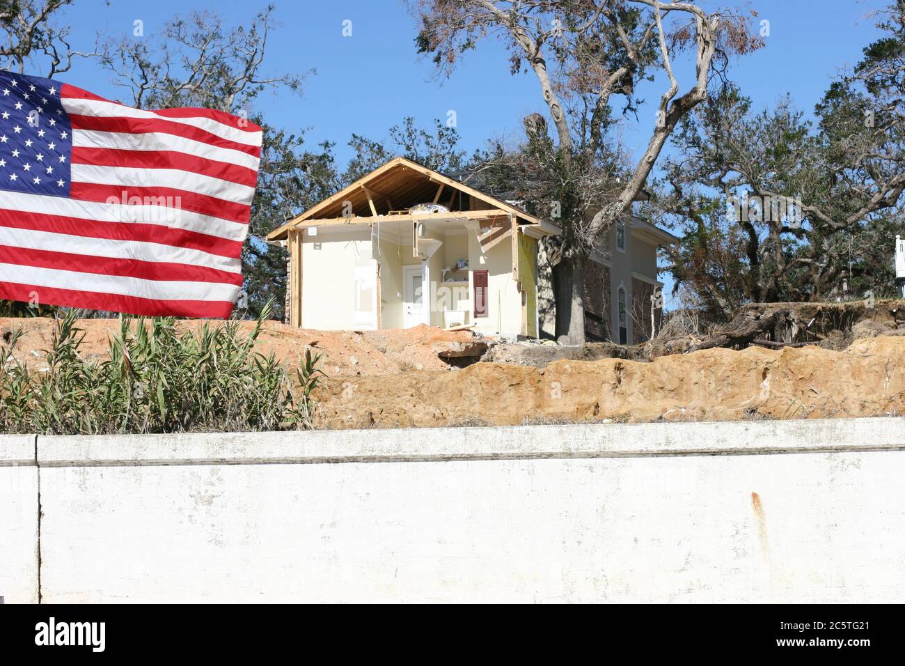 Parade after Hurricane Katrina in Ocean Springs, Mississippi near Biloxi with American flag