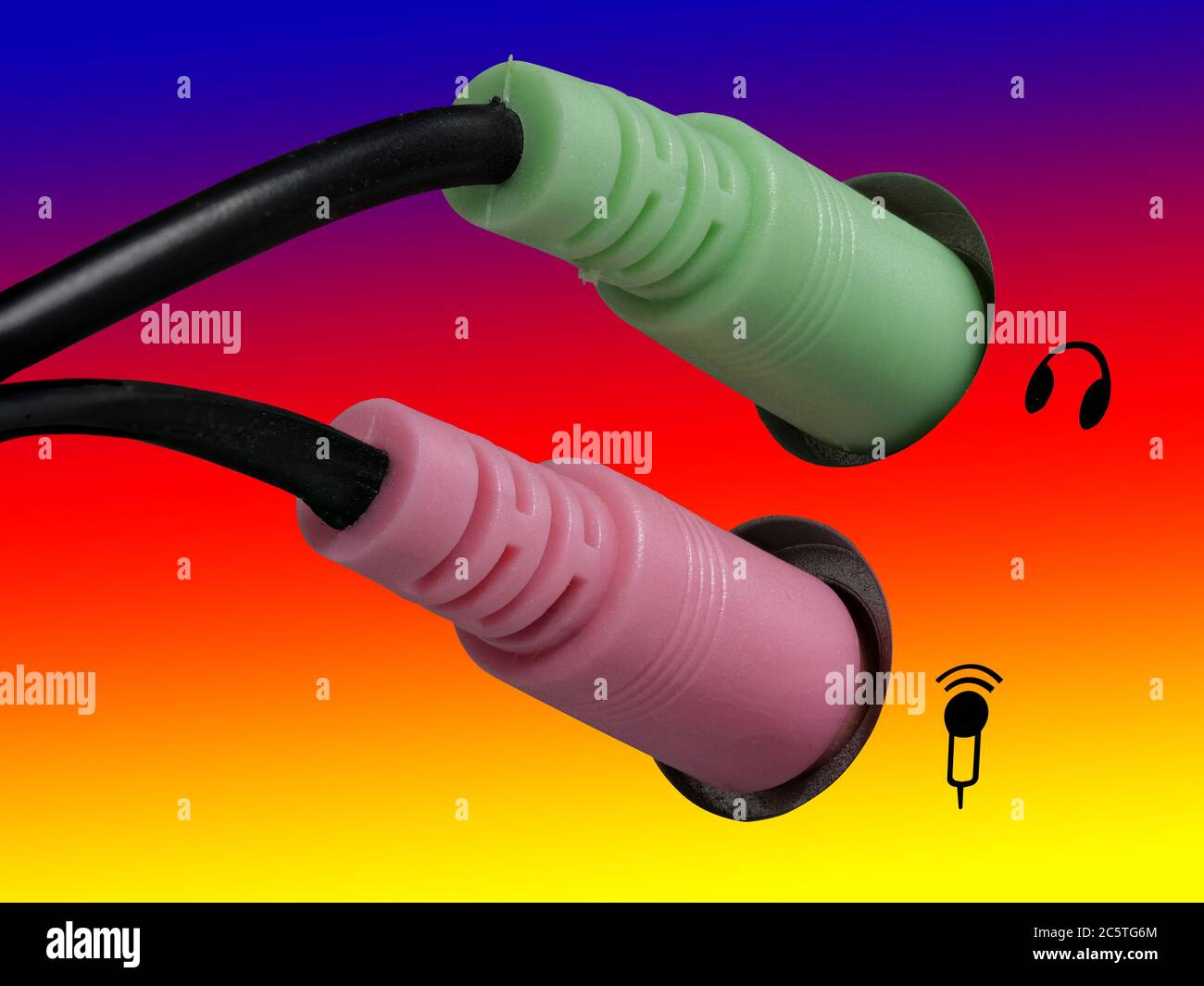 Plug for headphones, headsets and microphone on a computer, blue, red