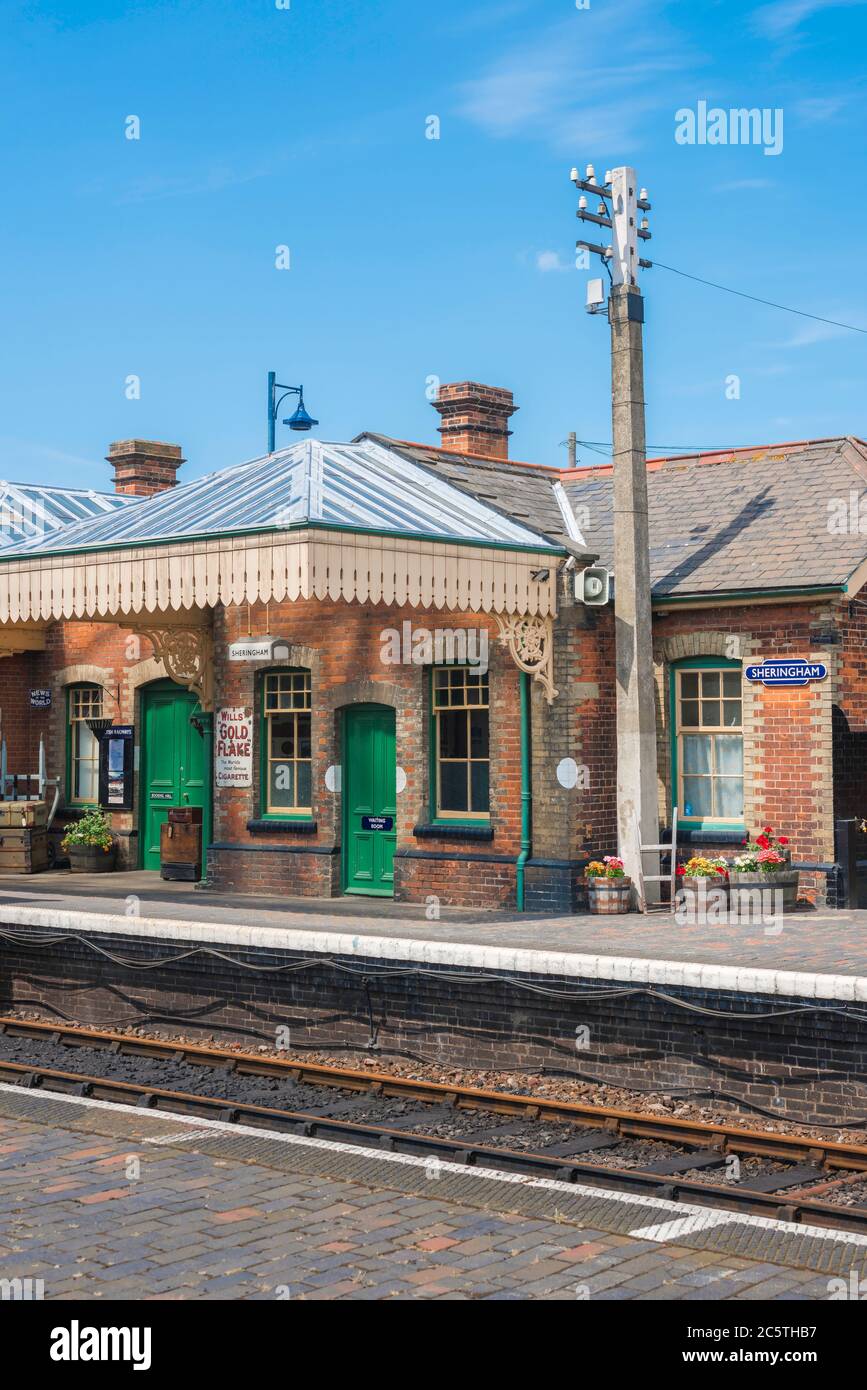 North Norfolk Railway, view of the platform and buildings of the North Norfolk Railway, a vintage train station in Sheringham, Norfolk, East Anglia,UK Stock Photo
