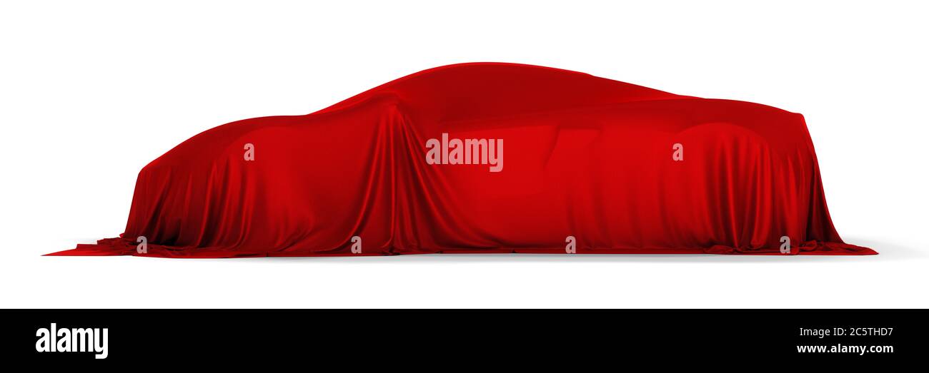 New racing design car covered with red cloth. 3d rendering illustration isolated Stock Photo