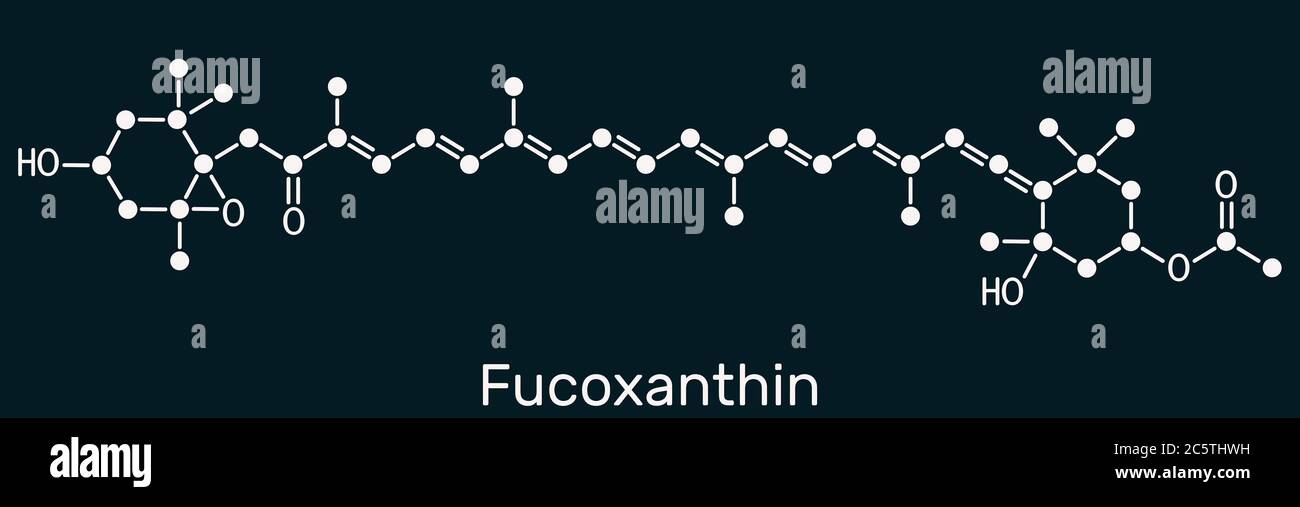 Fucoxanthin, C42H58O6, xanthophyll molecule. It has anticancer, anti-diabetic, anti-oxidative, neuroprotective properties. Skeletal chemical formula o Stock Photo