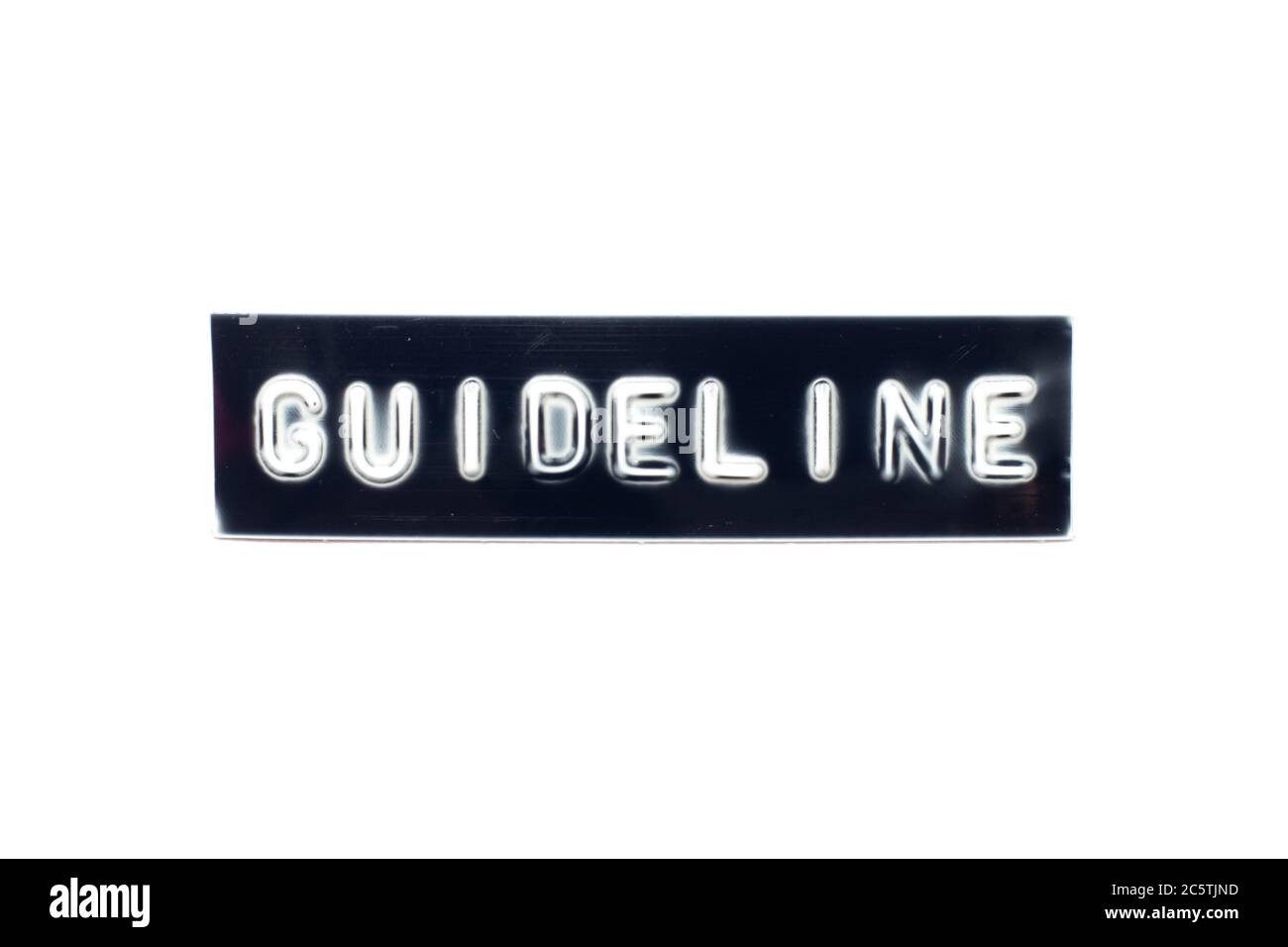 Embossed letter in word guideline on black banner with white background