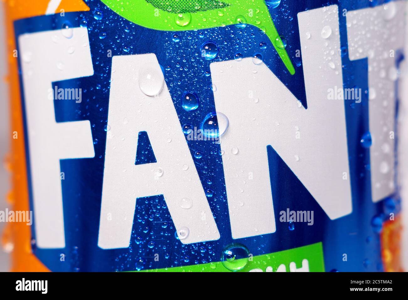 Tyumen, Russia-may 20, 2020: Fanta Orange close-up logo, soda. carbonated soft drinks Stock Photo