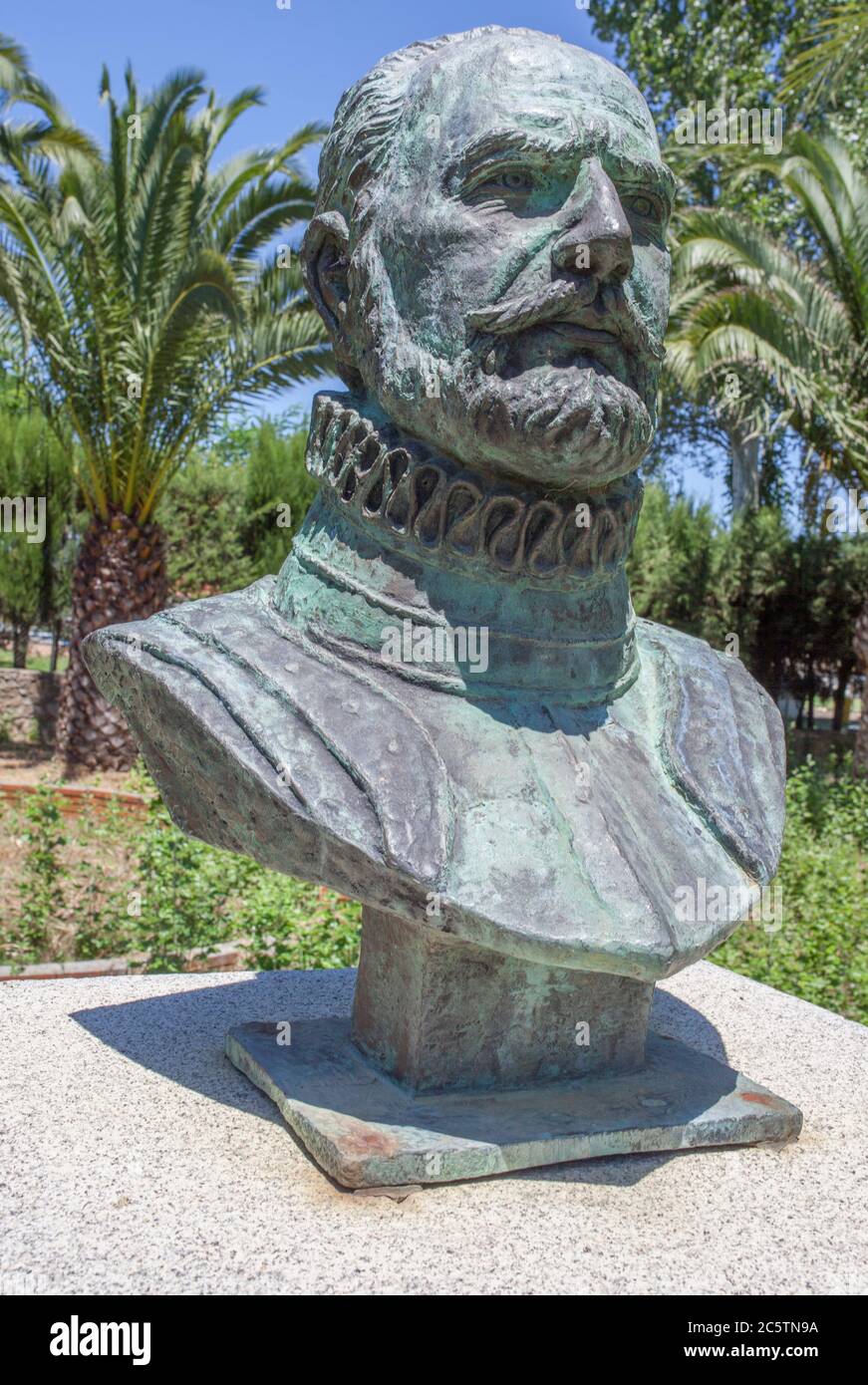 Sta Cruz de la Sierra, Spain - June 26th 2020: Nuflo or Nuno de Chaves bust, Spanish conquistador and founder of Santa Cruz de la Sierra, Bolivia. Unk Stock Photo