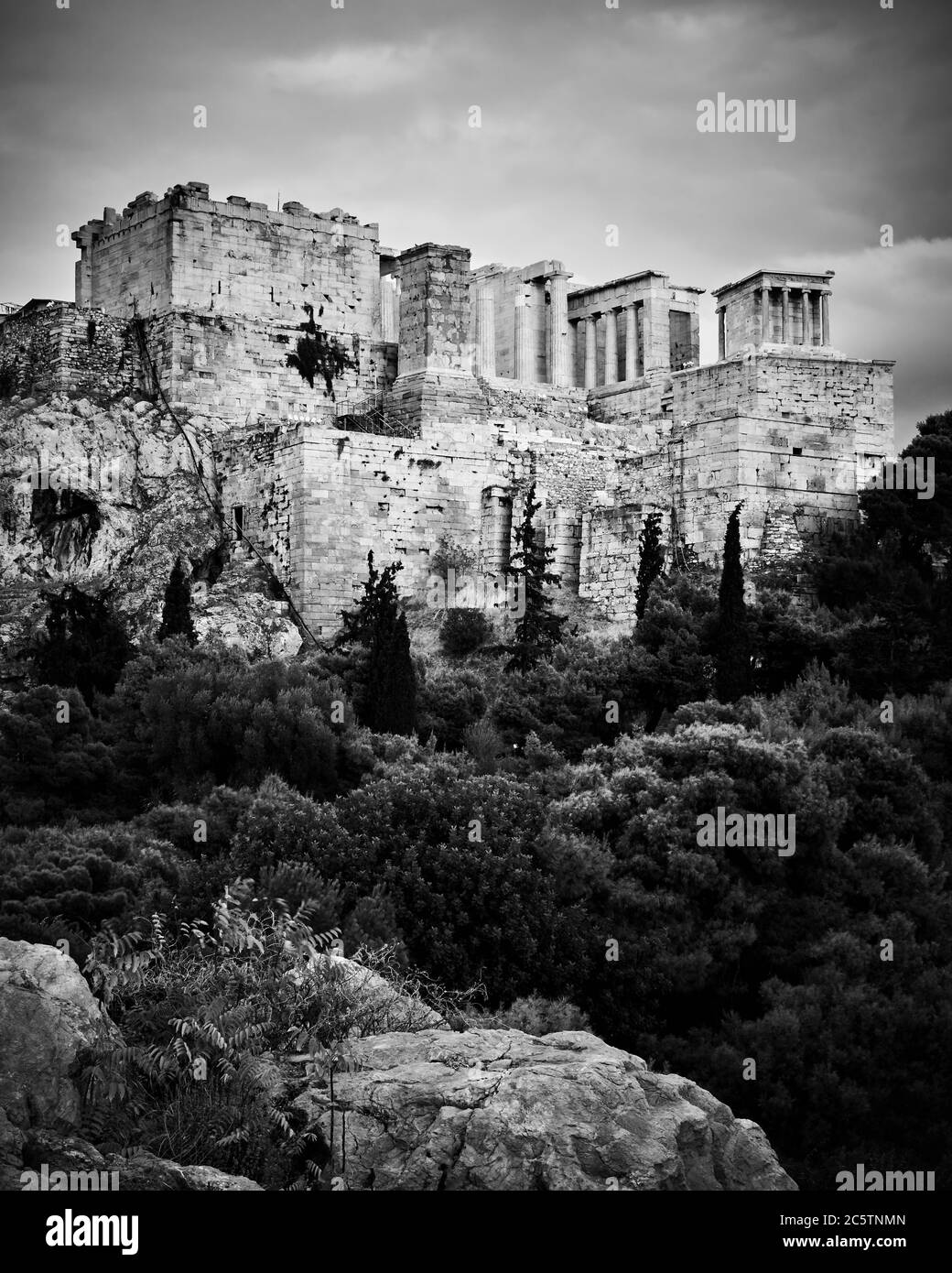 The Acropolis hill in Athens, Greece. Black and white photography, cityscape Stock Photo