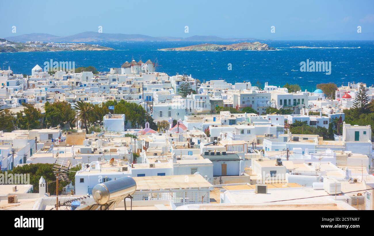 Panoramic view of Mykonos town on the sea shore, Greece. Greek scenery Stock Photo