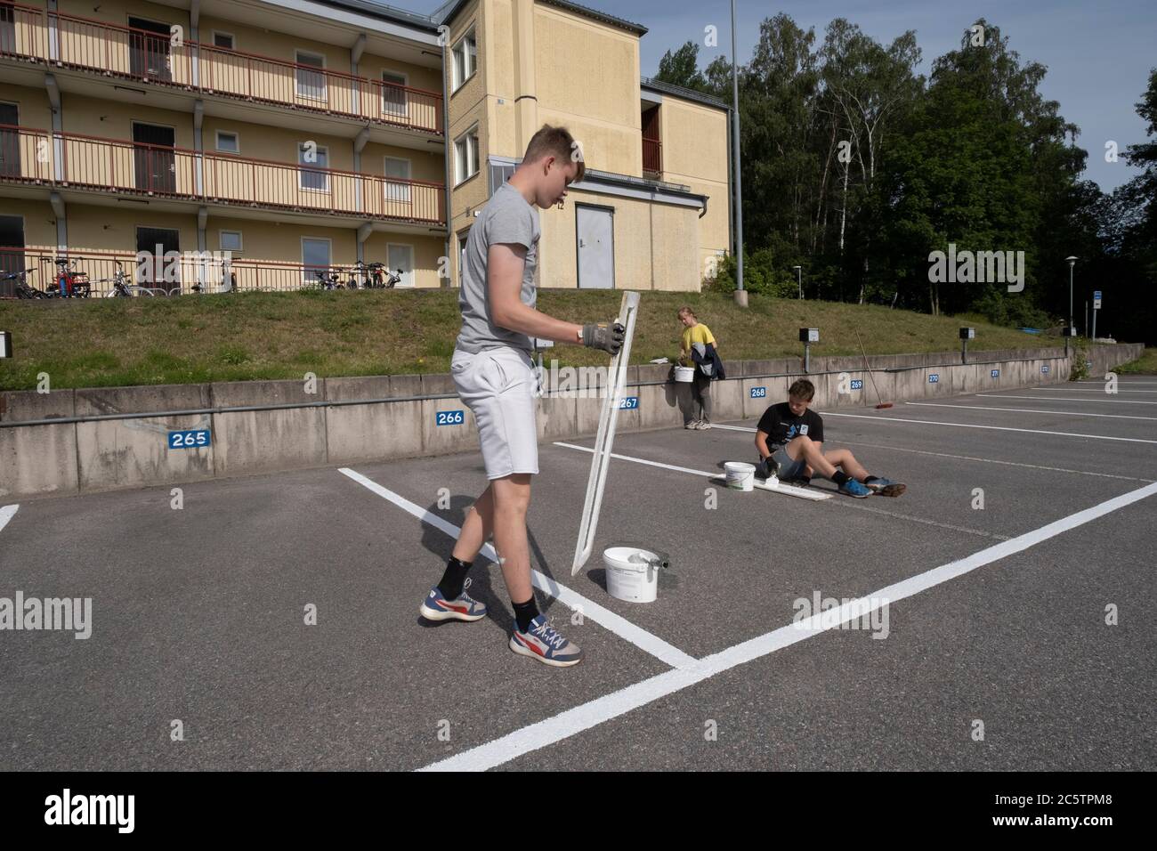 Young people have been given summer jobs to paint parking lines. Stock Photo