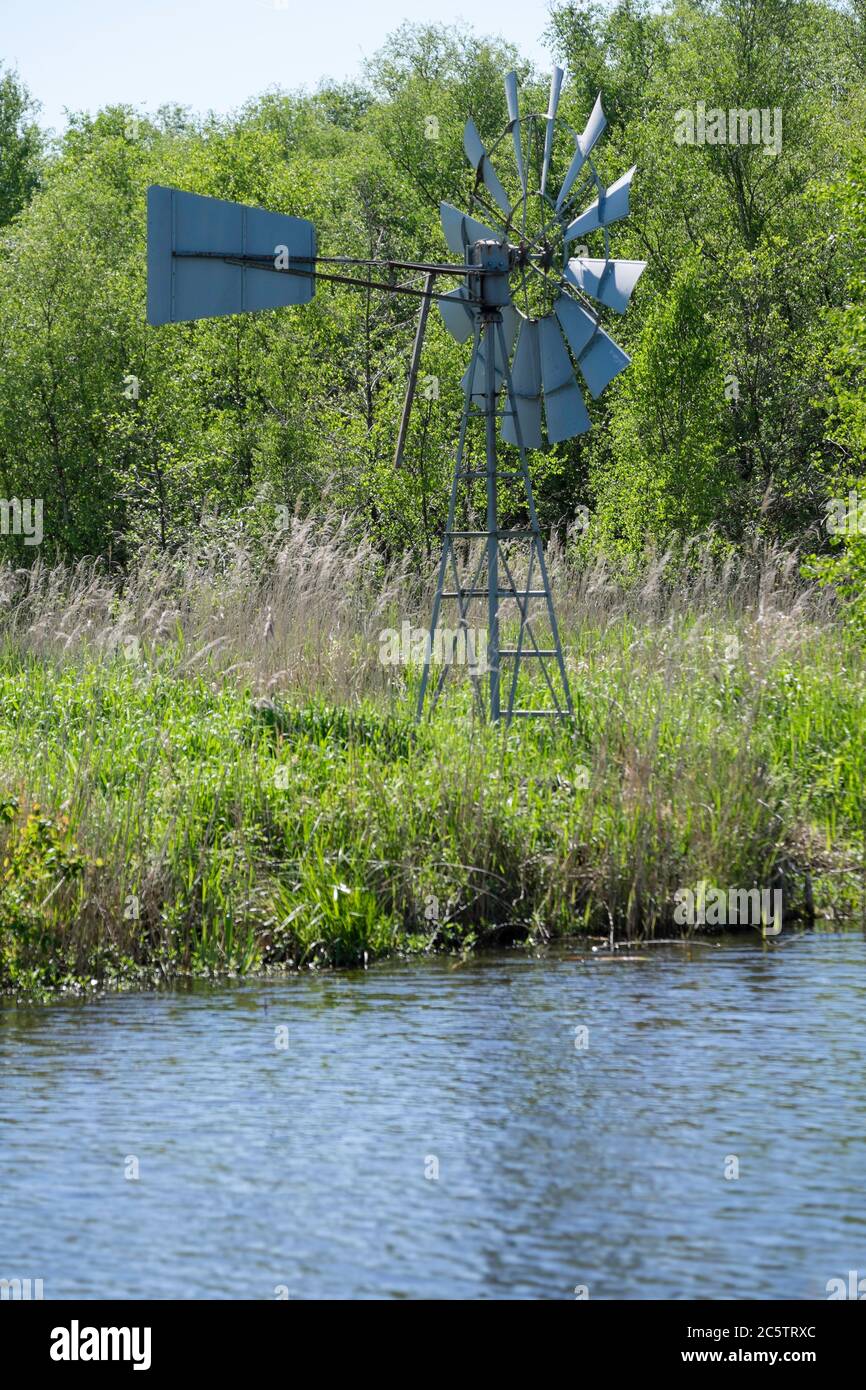 Windmill in the dutch nature reserve Rottige Meenthe in the Netherlands to keep the reed land wet Stock Photo
